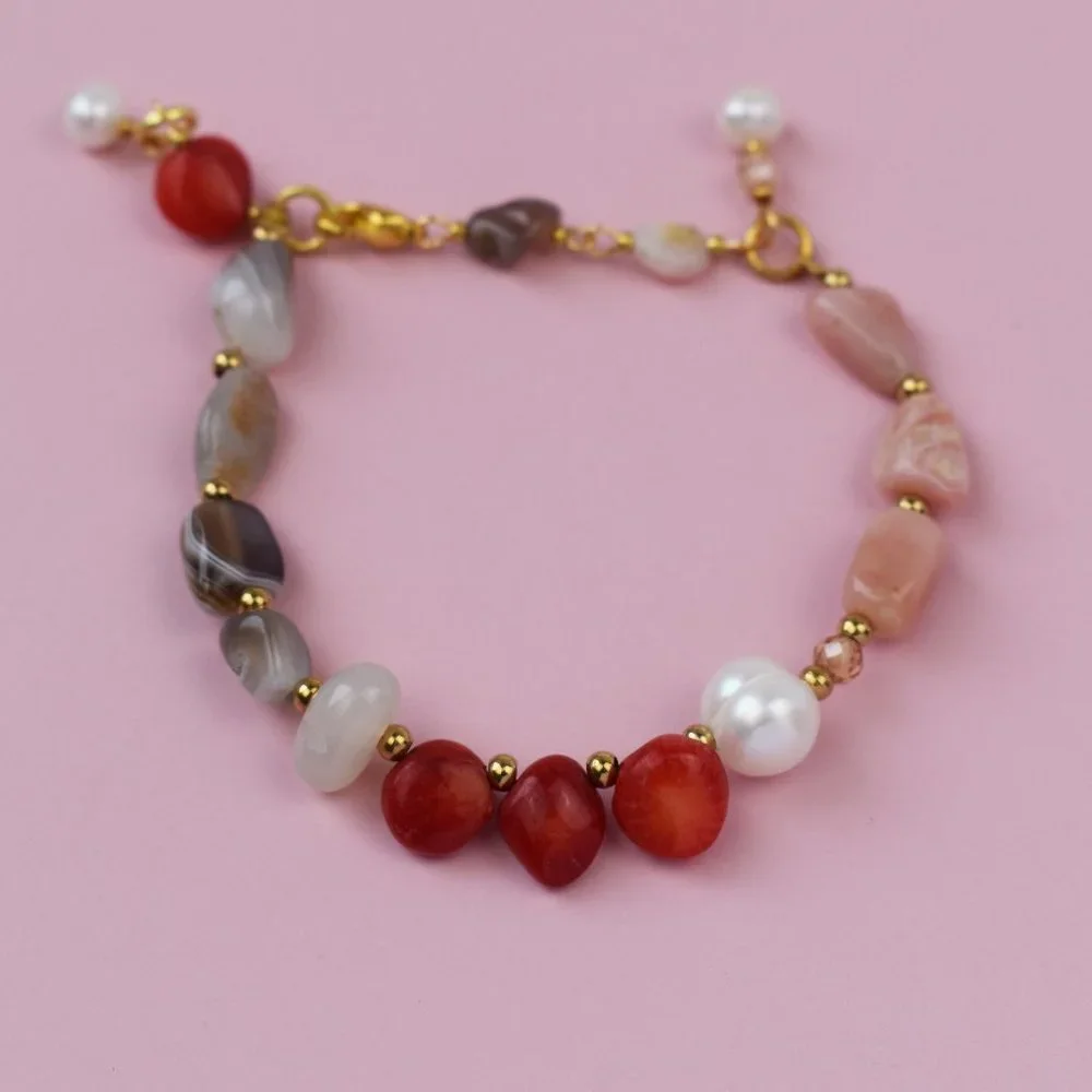Mismatched beaded bracelet, red coral and pearl bracelet handmade